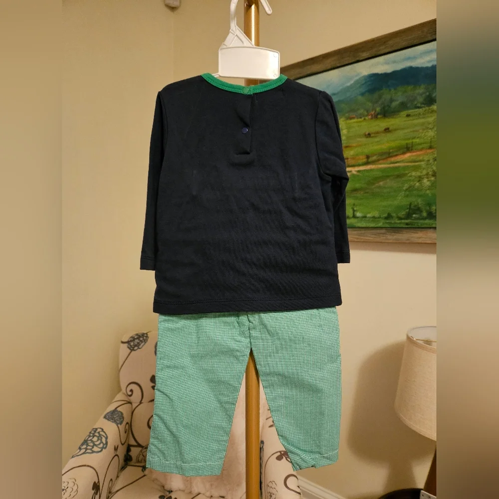Petit Ami Navy and Green Tractor Applique Top & Pant Set